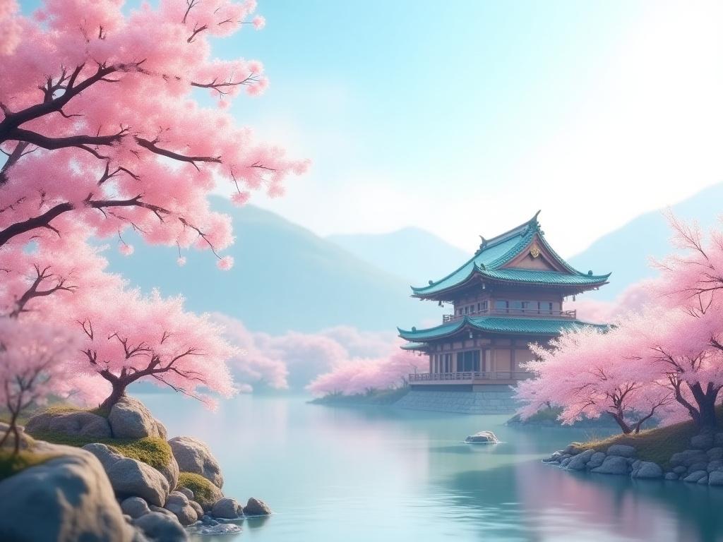 Serene Japanese landscape with a traditional temple and cherry blossoms